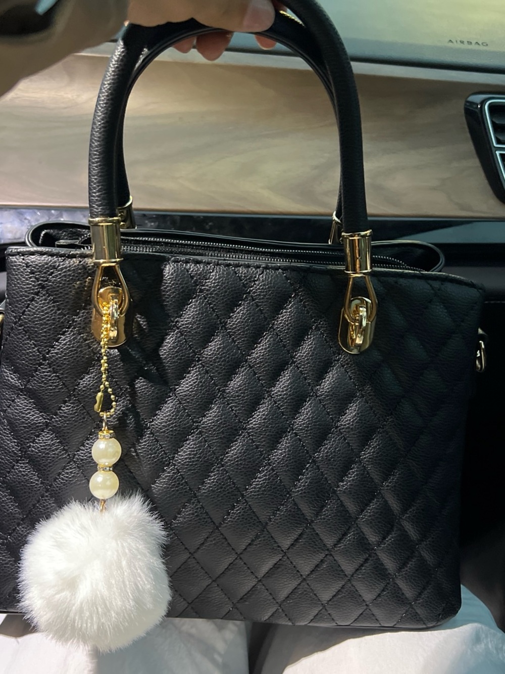 Quilted Black Leather-Look Tote with Gold Hardware